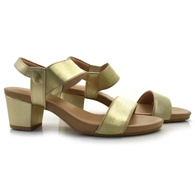Sandália de Couro e Salto Baixo Usaflex Dourado Y8204