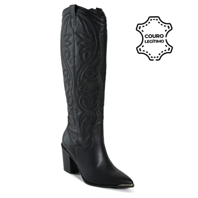 Bota de Couro e Cano Alto Via Marte Preto 079-012-01