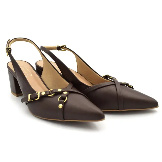 Scarpin Slingback de Couro Feminino Suzzara Marrom 1031-2129