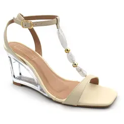 Sandália Anabela com Couro Feminina Suzzara Creme 1070-2380