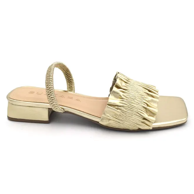 Sandália de Couro e Salto Baixo Feminina Suzzara Dourado 85601 MET
