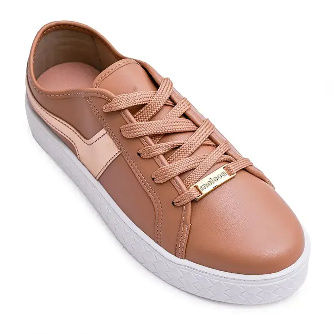 Tênis Casual Flatform Moleca Nude e Ouro Rosado Feminino