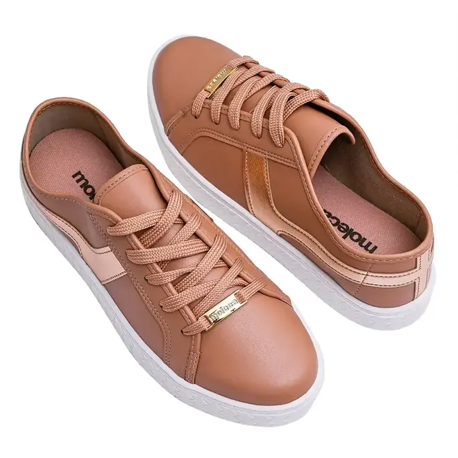 Tênis Casual Flatform Moleca Nude e Ouro Rosado Feminino